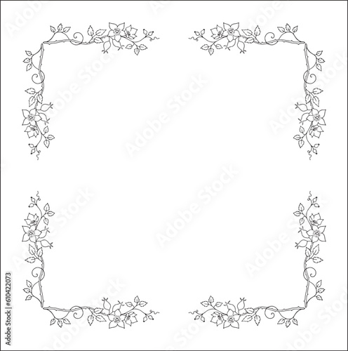Vegetal ornamental frame with roses, decorative border for greeting cards, banners, invitations. Isolated vector illustration.