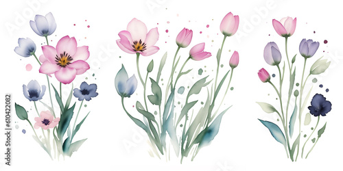Watercolor illustration on a white background. A set of wild flowers, bouquets with herbs and buds. For wedding cards and invitations. Generative AI