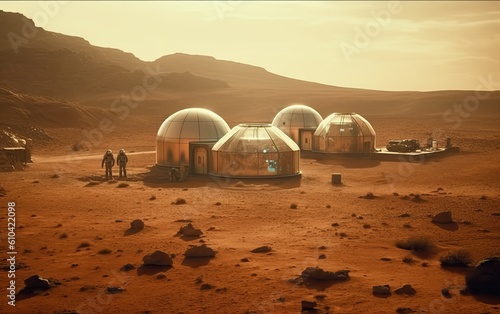 Fictional space base over Mars with two astronauts walking outside. Generative AI
