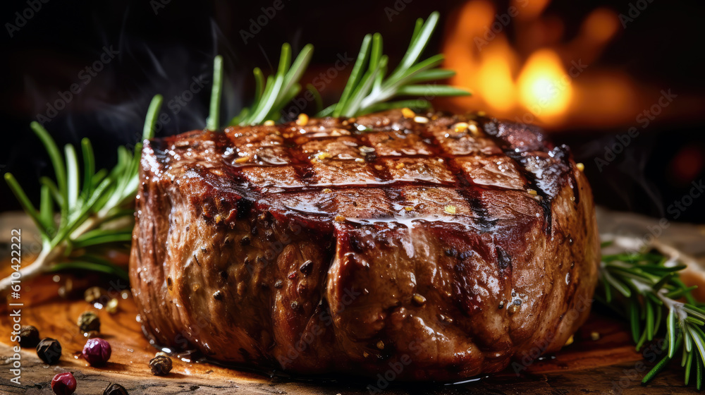 Presentation of beef steak grilled on wood plate. Juicy Grilled beef steak. Generative Ai Presentation of beef steak grilled on wood plate. Juicy Grilled beef steak. Generative Ai
