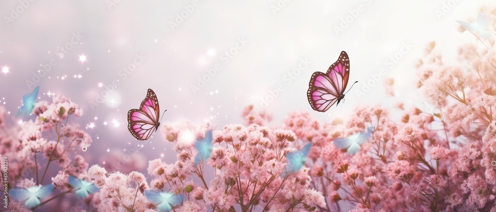 Wild pink flowering fluffy grass in field and two fluttering butterfly on nature outdoors, macro. Magic artistic image. Selective soft focus Wild pink flowering fluffy grass in field and two fluttering butterfly on nature outdoors, macro. Magic artistic image. Selective soft focus