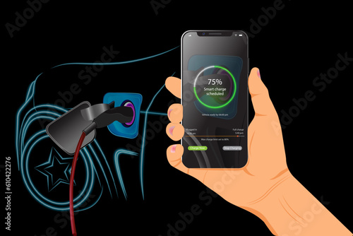 EV charging station for electric car with mobile app display charger status. Vector illustration