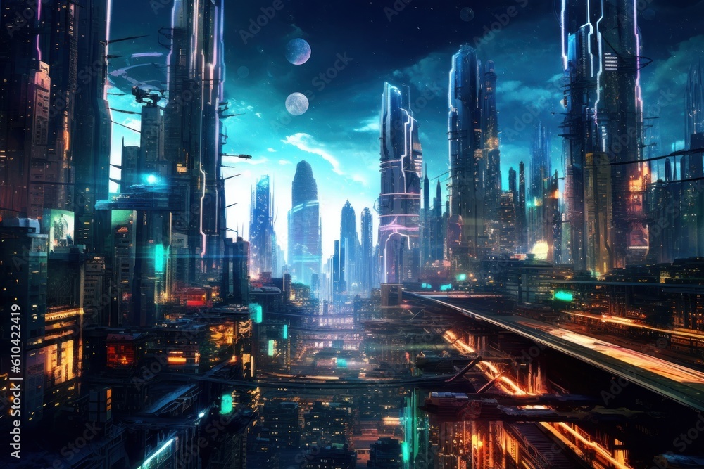 Futuristic city with neon lights lit up Illustration AI Generative.