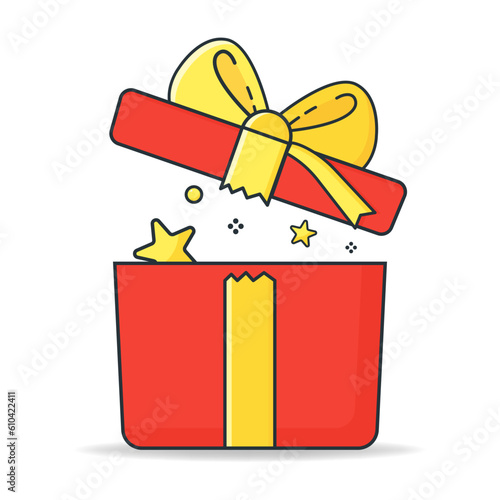 An exciting gift. Red gift box surprise. Loyalty reward, birthday celebration, special gift, vector icon, flat illustration on white background.