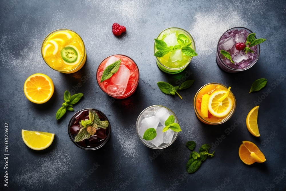 On a grey backdrop, refreshing fruit drinks with ice. Top view, flat lay. Generative AI On a grey backdrop, refreshing fruit drinks with ice. Top view, flat lay. Generative AI