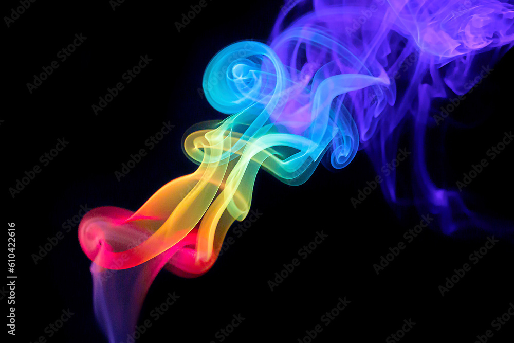 Colorful rainbow swirly incense smoke under prism light flowing upward inside dark studio