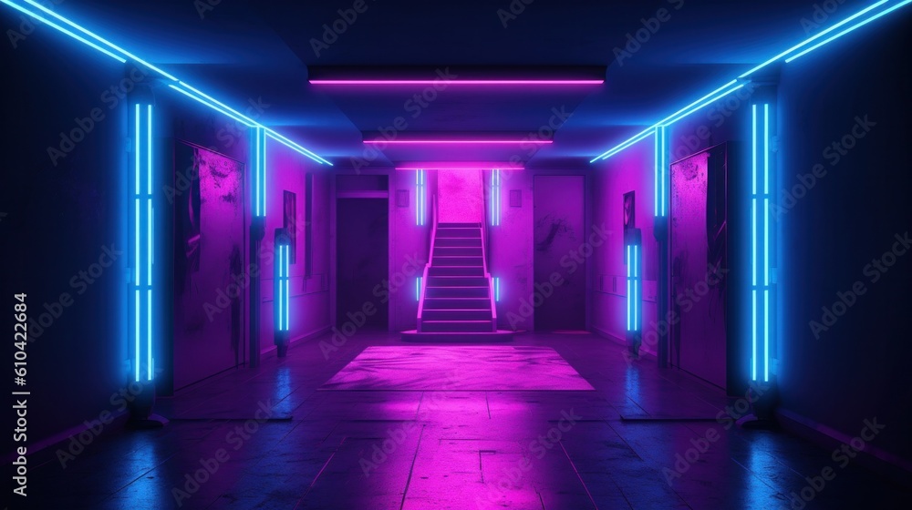 Dark room lit up with two neon lights, in the style of conceptual digital art, Illustration AI Generative.