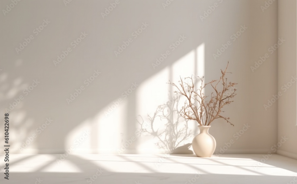 Shadow texture with white walls and trees on a white floor, Illustration AI Generative.