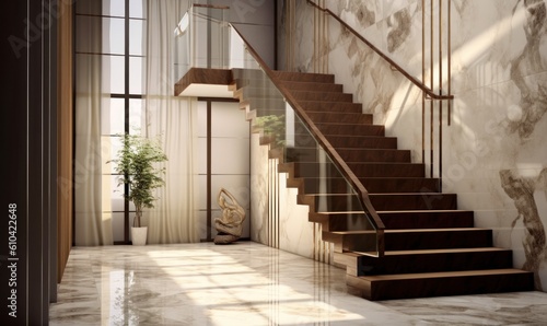 Modern interior with stairs  white furniture  and brushed  in the style of dark beige and bronze Illustration AI Generative.