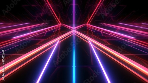 Neon lines in shades on a dark background, with a futuristic and minimalist aesthetic. Illustration AI Generative.