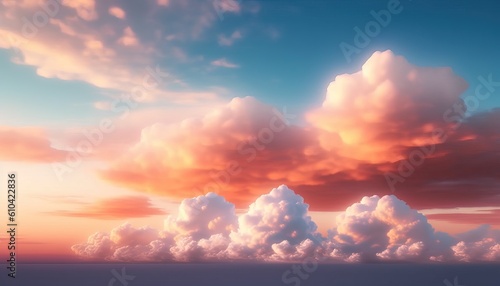 Beautiful natural background with blue sky and pink fluffy clouds at sunset. Excellent cinematic lighting, pastel colors