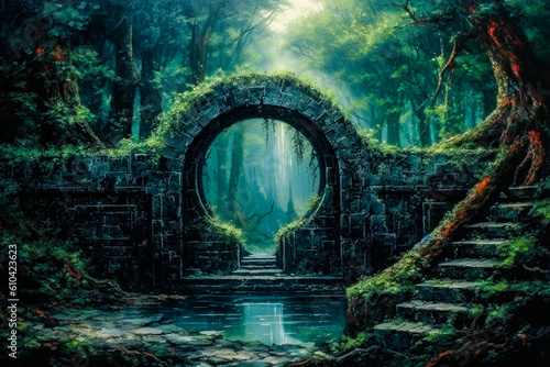 painting of an ancient portal landmark with a path in a misty forest during sunset