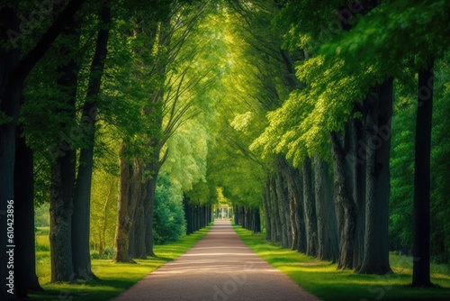 There is a pedestrian lane route with green trees in the forest. Beautiful street and lane in the park. Passage Through a natural tunnel through Summer Forest. Generative AI © 2rogan