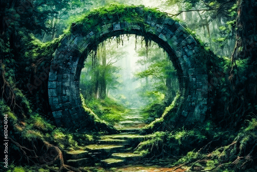 painting of an ancient portal landmark with a path in a misty forest during sunset 
