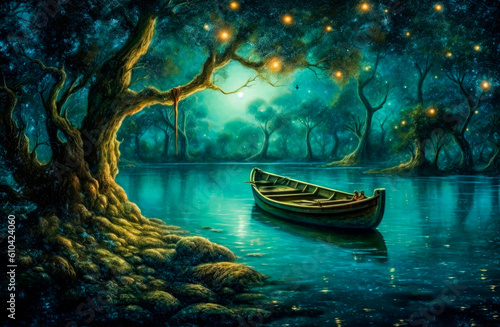 painting of a stunning river landscape with a small boat surrounded by trees during sunset