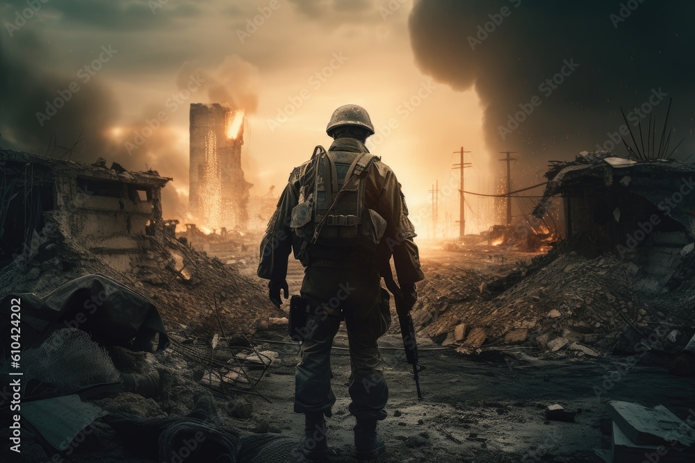 Military man with assault rifle in action on the background of nuclear power plant. A soldier standing amidst the ruins of a destroyed city after a nuclear explosion, AI Generated
