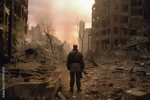 Ruins of a building in the city. War in Ukraine. A soldier standing amidst the ruins of a destroyed city after a nuclear explosion, AI Generated