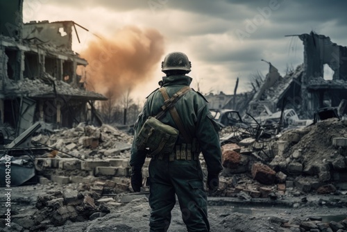 War Concept. Military man in uniform of World War II against the background of destroyed buildings. A soldier standing amidst the ruins of a destroyed city after a nuclear explosion, AI Generated