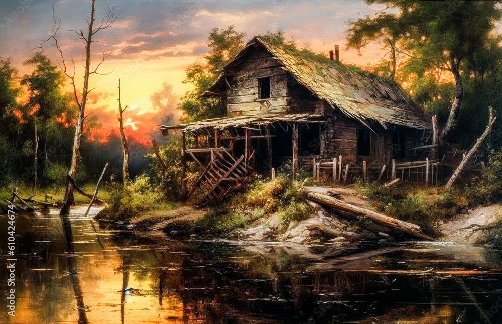 painting of an old house in ruins, river and trees as surrounding during misty sunset painting of an old house in ruins, river and trees as surrounding during misty sunset