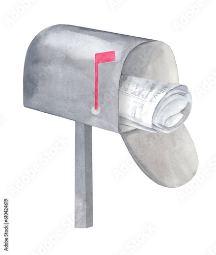 Mailbox watercolor illustration isolated on white background. Morning mail and news. photo