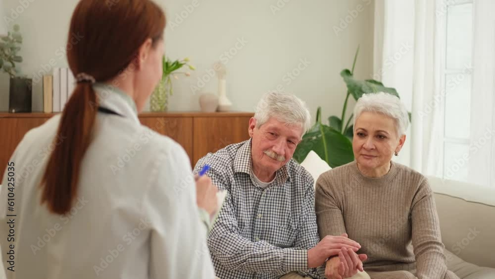 Female doctor examining older senior couple in doctor office or at home ...