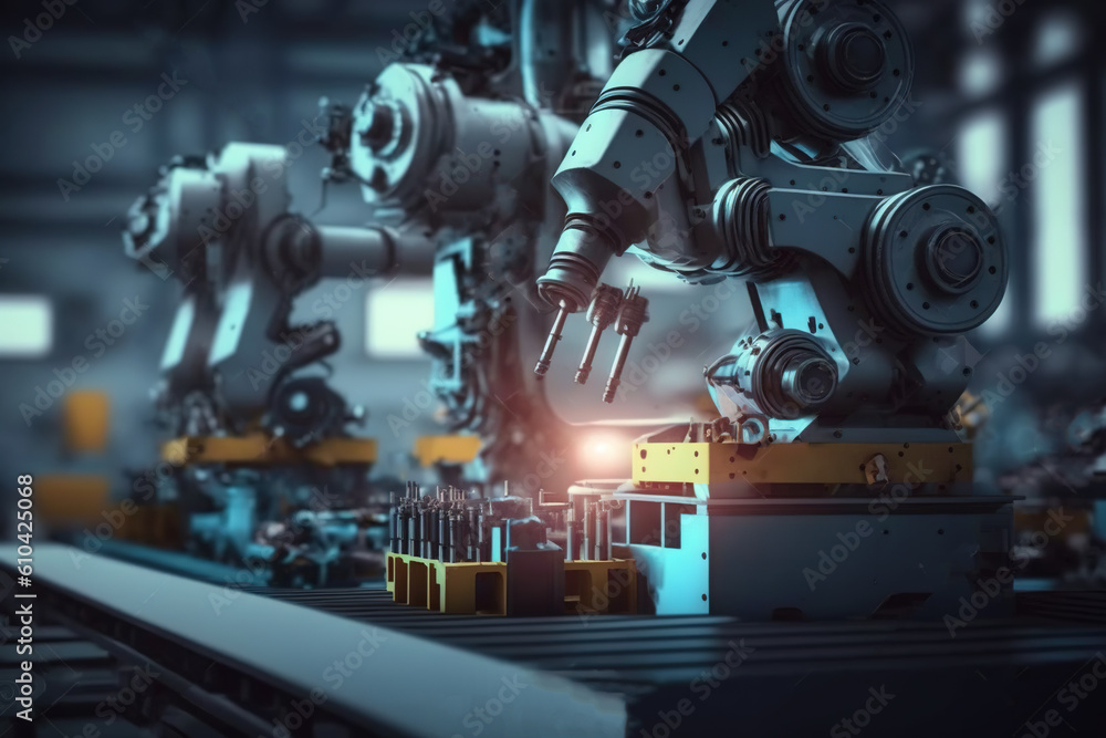 Robotic mechanisms on the background of the factory. Created using Generative AI technology.