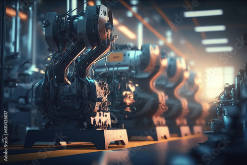Robotic mechanisms on the background of the factory. Created using Generative AI technology.