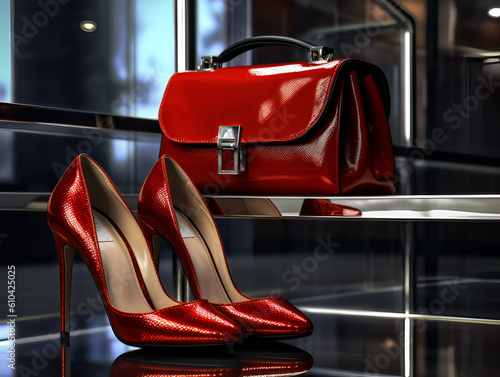 Fotografia Red high heels sitting on a shiny marble floor next to a  red handbag, Generativ