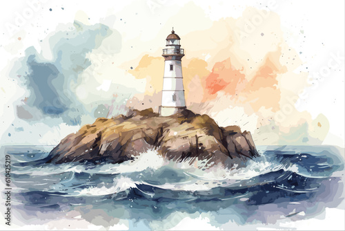 Fototapete watercolor lighthouse on a rock overlooking the ocean