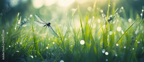 Beautiful wide format image of a morning in nature with bright fresh grass with dew drops, dragonflies in flight and soft bokeh from sunlight photo