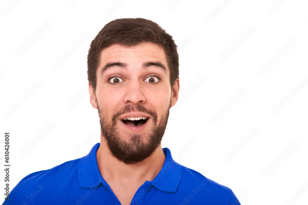 Close up studio portrait of young man showing surprise against white background. Close up studio portrait of young man showing surprise against white background.