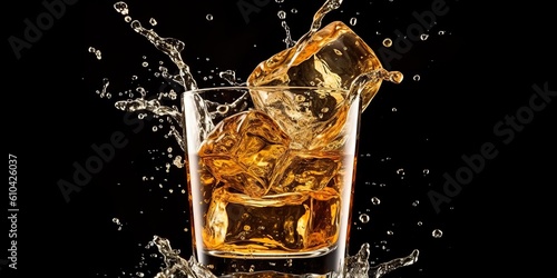 AI Generated. AI Generative. Glass of whiskey with ice cubes on plain background. Can be used for bar cocktail promotion. Gentleman drink. Graphic Art