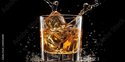 AI Generated. AI Generative. Glass of whiskey with ice cubes on plain background. Can be used for bar cocktail promotion. Gentleman drink. Graphic Art