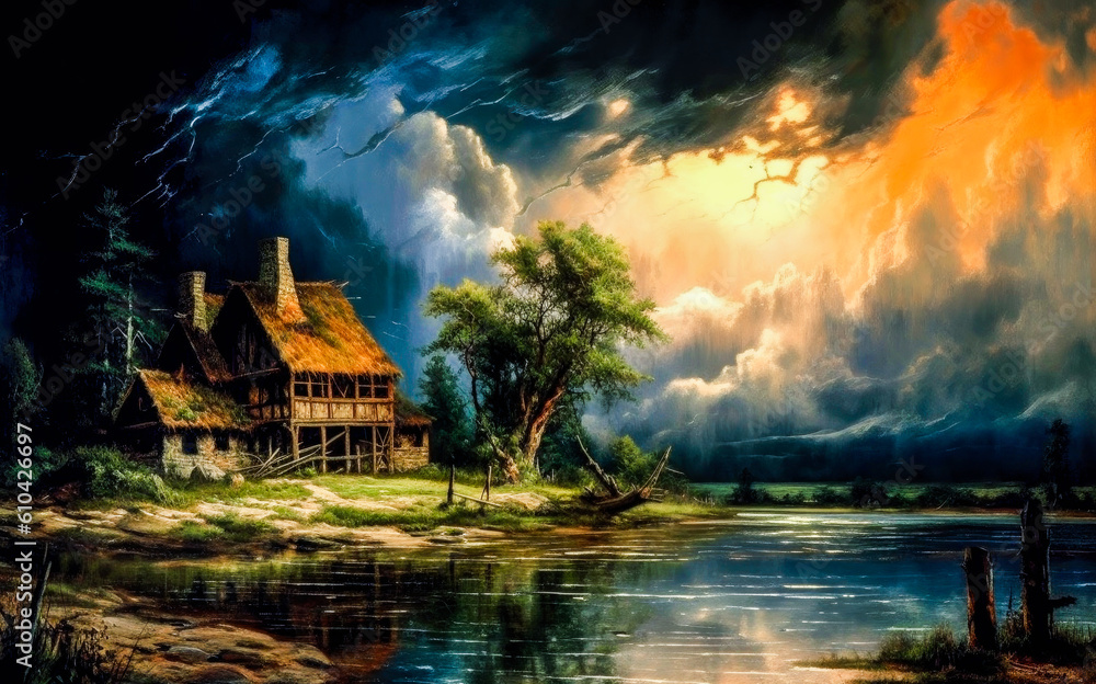 painting of a dramatic sunset on the river with an old house and trees painting of a dramatic sunset on the river with an old house and trees