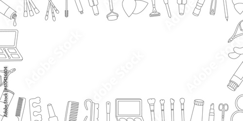 Makeup tools horizontal outline banner. Makeup and beauty tools. Eye shadow, powder, brushes, lipstick, lip gloss, lip pencil, mascara, blush, cream.
