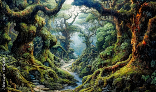 painting of a secret path in the dense forest during a misty sunrise