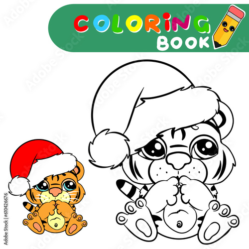 Coloring page outline of cartoon  Cute little tiger. Colorful christmas vector illustration. Winter coloring book for kids. Black and white vector illustration for coloring book. 
