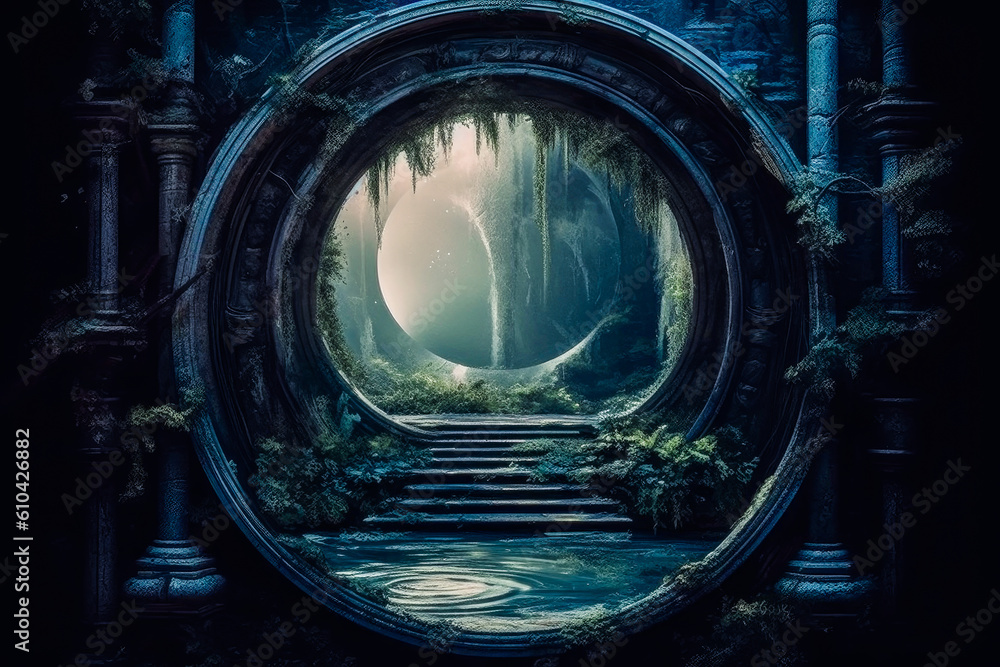 painting of an alien portal gateway to another dimension, misty atmosphere, twilight