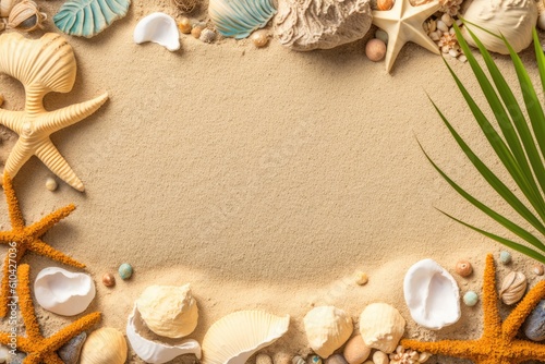 Sand with seashells. Background of a summer vacation at sea with writing space. View from the top. Generative AI