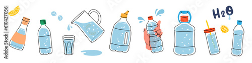 Different types of bottles. Drink more water. Plastic water bottles. Glasses, bottles, jug, jar, flask with clean water. Vector illustration.