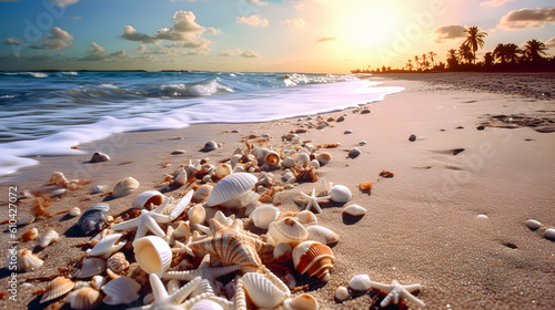 Landscape of a beach with shells, conches, coral and starfish on the shore and palm trees with sunset in the background. Summer wallpaper.
