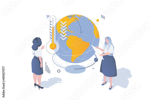 Eco lifestyle concept in 3d isometric design. Environmental activists study climate change and global temperature increase on planet. Vector illustration with isometric people scene for web graphic