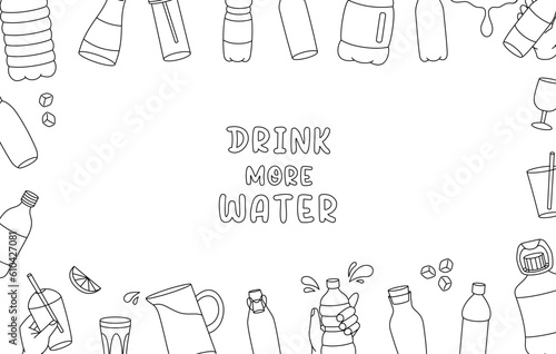 Water bottles horizontal outline banner. Drink more water. Plastic bottles line background. Glasses, bottles, jug, jar, flask with clean water.