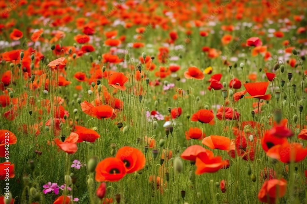 Colorful Red poppy flower meadow in spring, generative artificial intelligence

