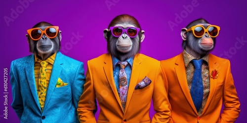 Fotografija a group of anthropomorphized monkeys wearing colorful suits and sunglasses posin