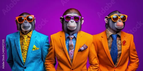 Fototapeta a group of anthropomorphized monkeys wearing colorful suits and sunglasses posing created with generative AI