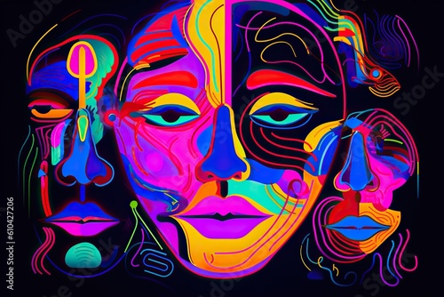Colorful abstract neon face collage , generative artificial intelligence 