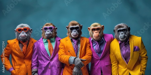 a group of anthropomorphized monkeys wearing colorful suits and sunglasses posin Fototapet