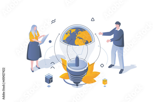 Eco lifestyle concept in 3d isometric design. Responsible using of electricity with global alternative renewable energy technologies. Vector illustration with isometric people scene for web graphic