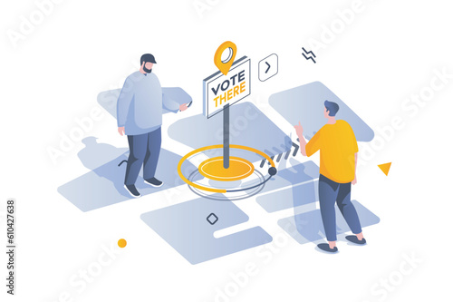 Election and voting concept in 3d isometric design. Men voters go to polls to participate in democratic election or referendum survey. Vector illustration with isometric people scene for web graphic